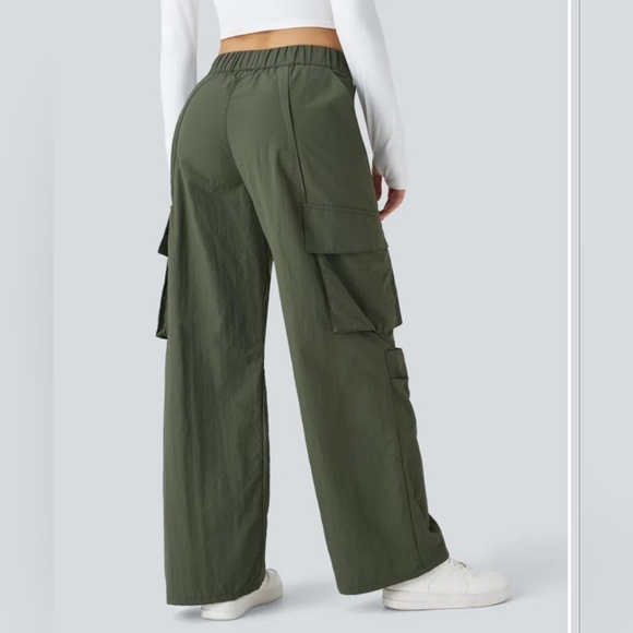 HALARA MidRise Button Zipper Side Pocket Wide Leg Casual Cargo Pants Green Large - Picture 3 of 6